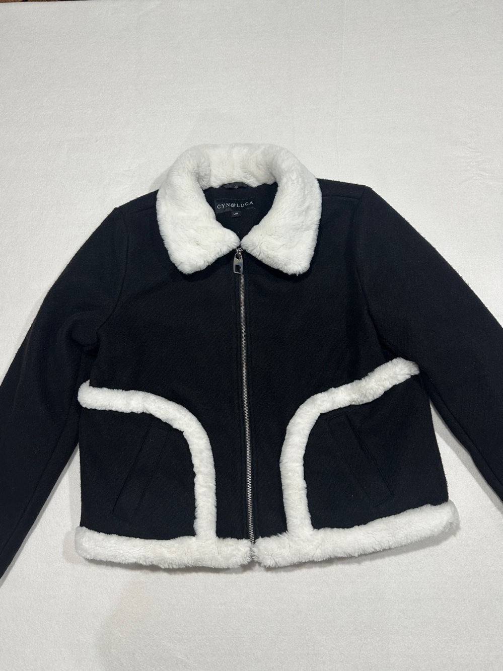 Cyn and Luca Black Zip Front Wool-Feel Coat w/ Faux Fur Trim